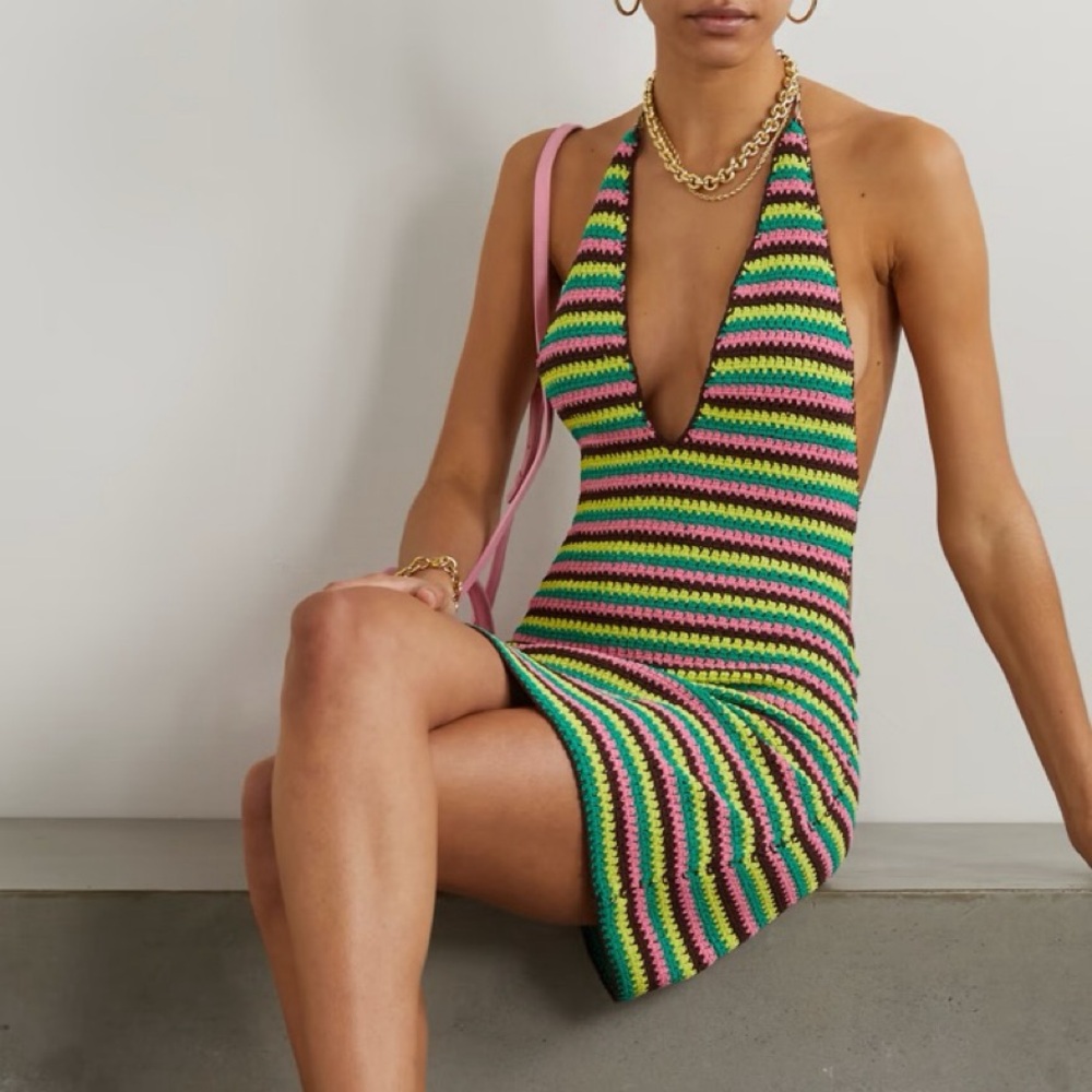 FRAME Crochet Striped Halter Mini Dress